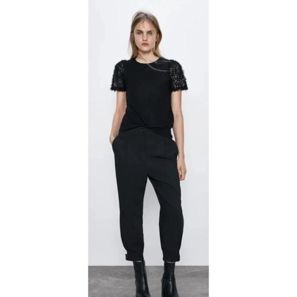 EUC Zara black tulle accented statement sleeve knit-like sweater top, S - Picture 3 of 13